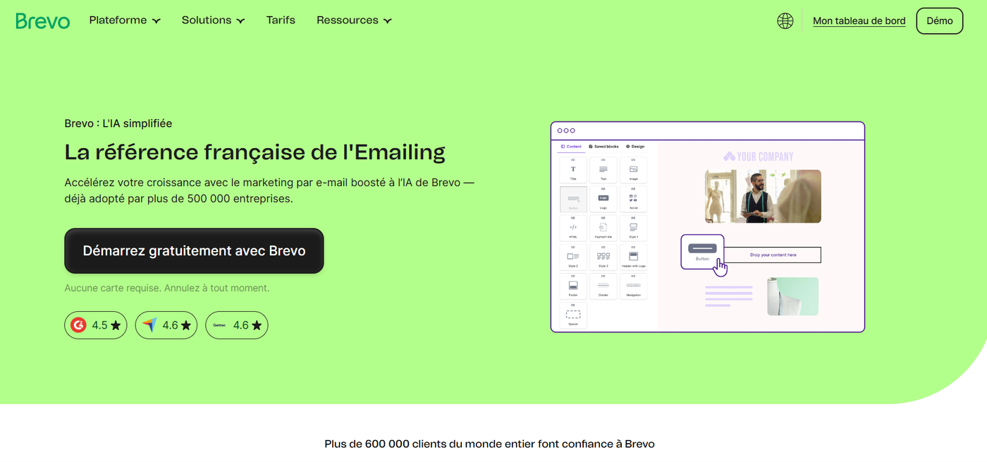 Page d'accueil de Brevo avec bouton principal, mention sans carte requise et notes G2, Capterra et Gartner