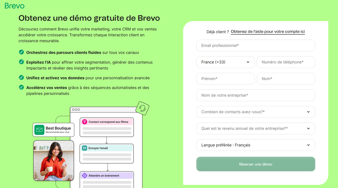 Formulaire de demande de démo gratuite de Brevo avec champs e-mail, téléphone, nom, entreprise, nombre de contacts et revenu annuel