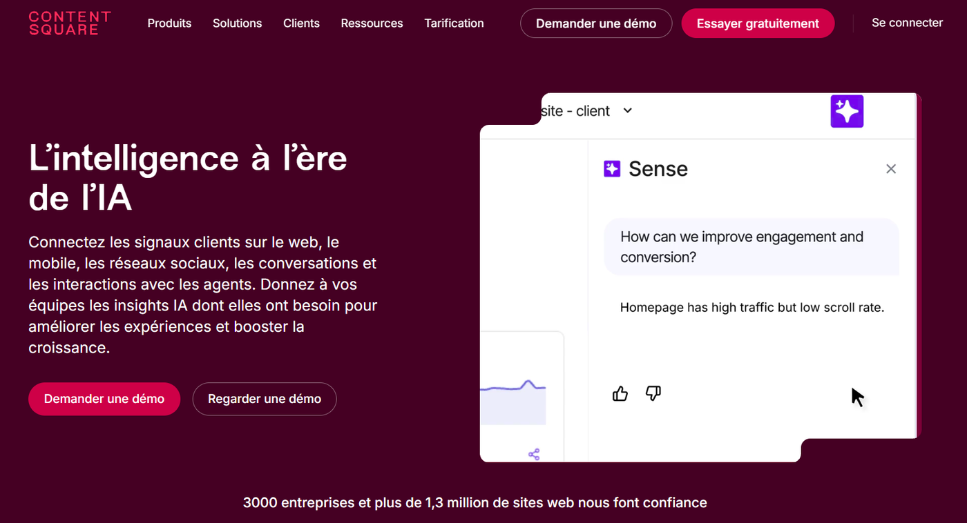 Page d'accueil de Contentsquare avec proposition de valeur, deux appels à l'action, chiffres de confiance et logos clients