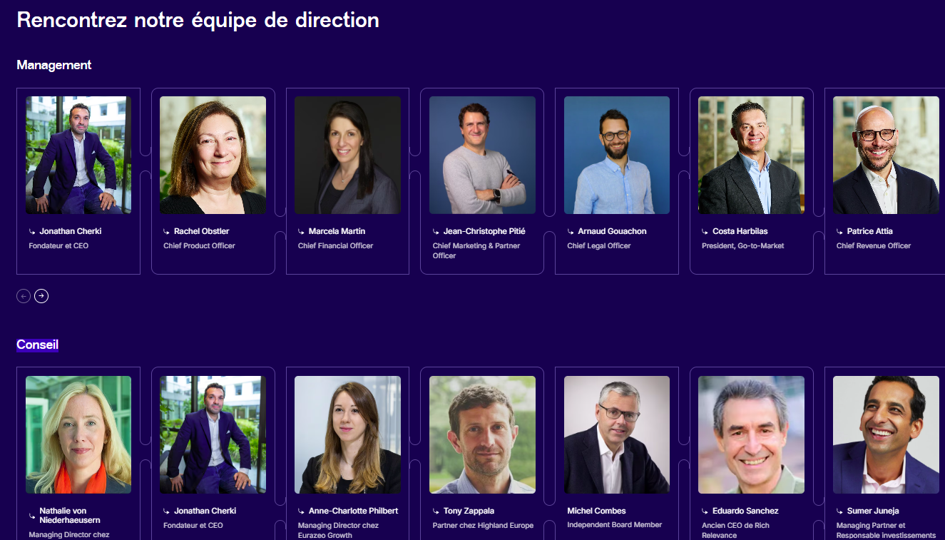 Présentation de l'équipe de direction et du conseil sur le site de Contentsquare