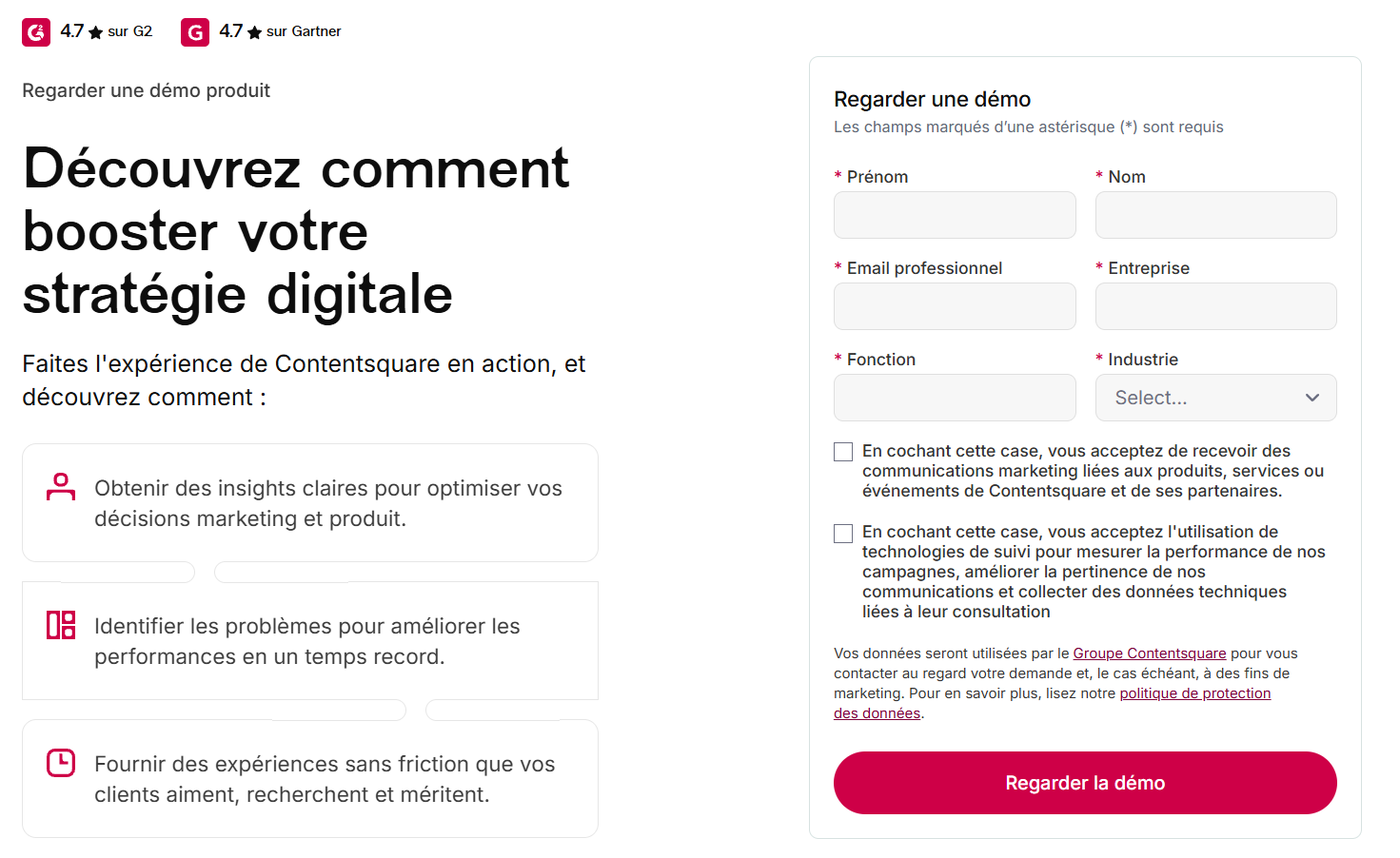 Formulaire Regarder une démo sur le site de Contentsquare avec notes G2 et Gartner et trois bénéfices listés
