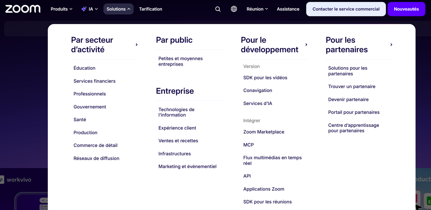Méga-menu Solutions de Zoom classé par secteur d'activité, par public, pour le développement et pour les partenaires